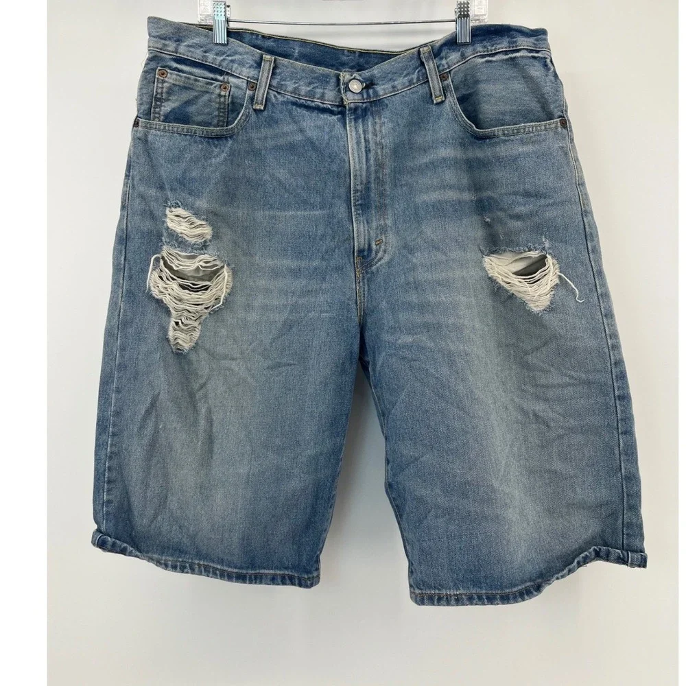 Levi's 569 Denim Shorts Mens 38 Blue Distressed Loose Straight Fit Faded Baggy
